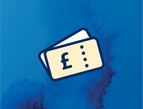 Graphic icon of ticket coupons with £ on Graphic icon of ticket coupons with £ on